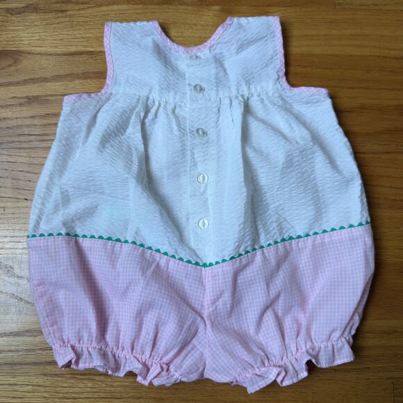Baby Girl's Pink & White Seersucker Romper Bow Accent Embroidered Flowers - Picture 5 of 7